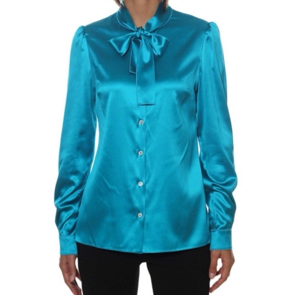 Dolce & Gabbana Women Top 46 IT 10 US Blue Silk Satin Secretary Self Tie Classic - Picture 1 of 16